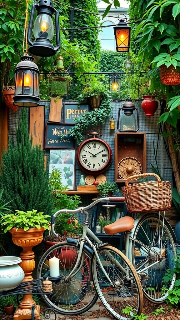 A cozy bohemian garden featuring vintage decor like lanterns, an old bicycle, and various planters.