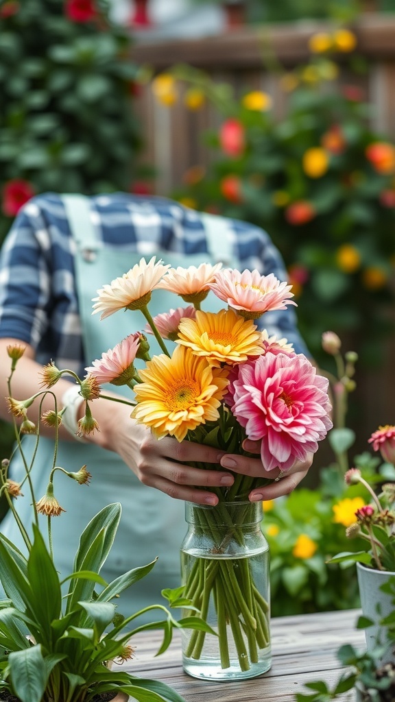 A person holding a bouquet of colorful cut flowers in a garden setting.