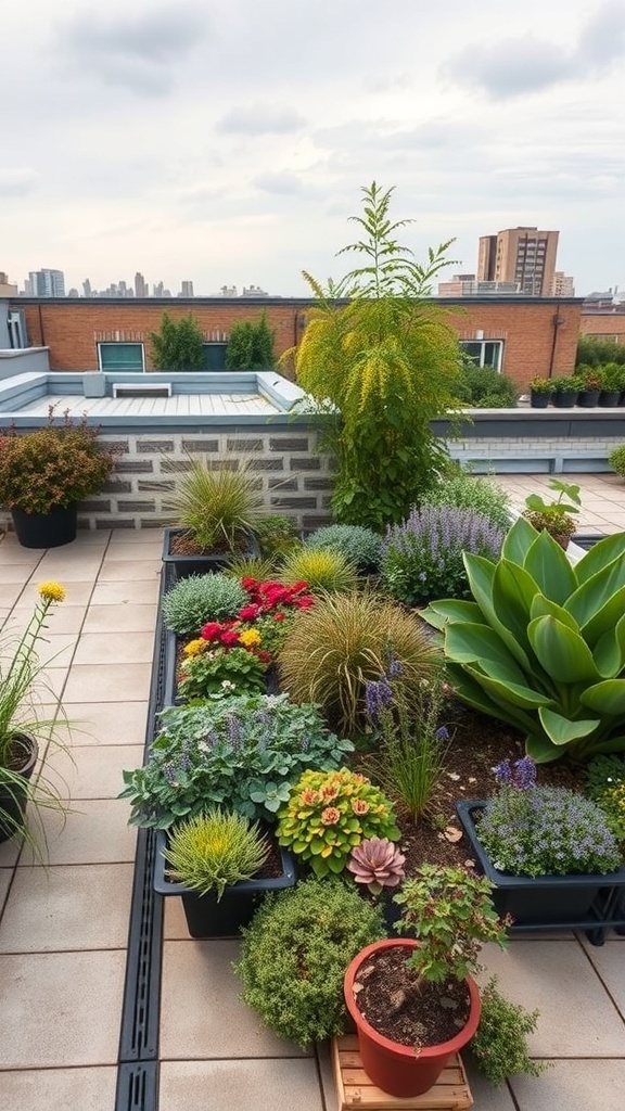 A lush rooftop garden with various plants in pots, showcasing a vibrant green space.