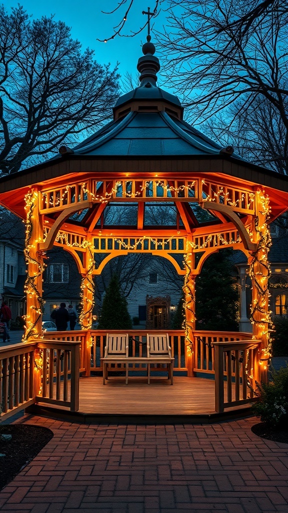 A wooden gazebo adorned with twinkling fairy lights, surrounded by trees, creating a warm and inviting atmosphere.