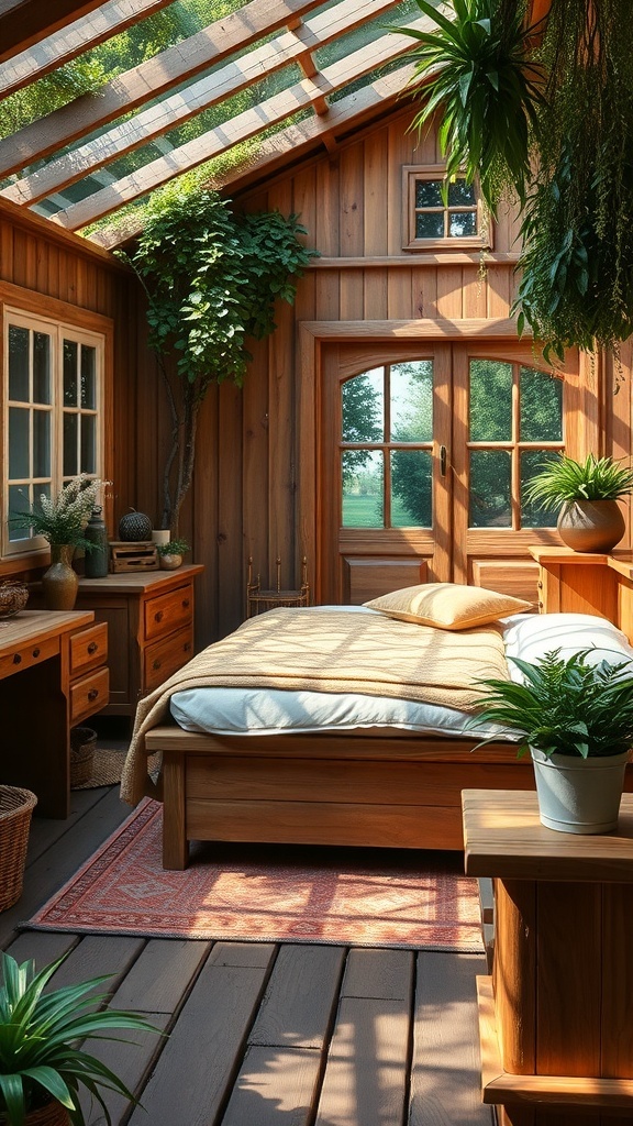 A cozy garden bedroom with rustic wooden furniture, plants, and natural light.