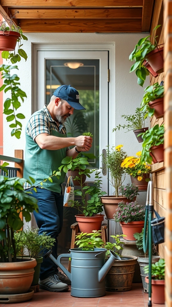 A person tending to a small balcony garden filled with various potted plants.
