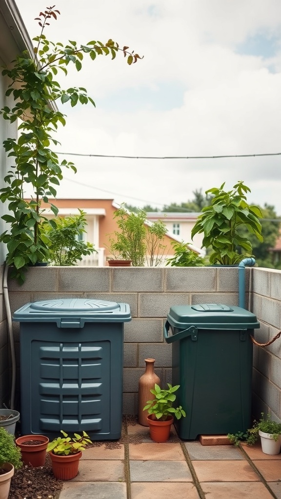 A small terrace garden with compost bins and potted plants.