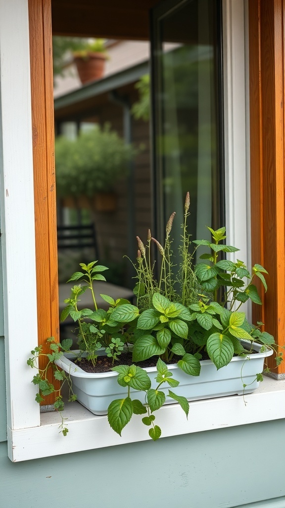 A window box filled with various herbs like mint and basil, showcasing a small space herb garden.