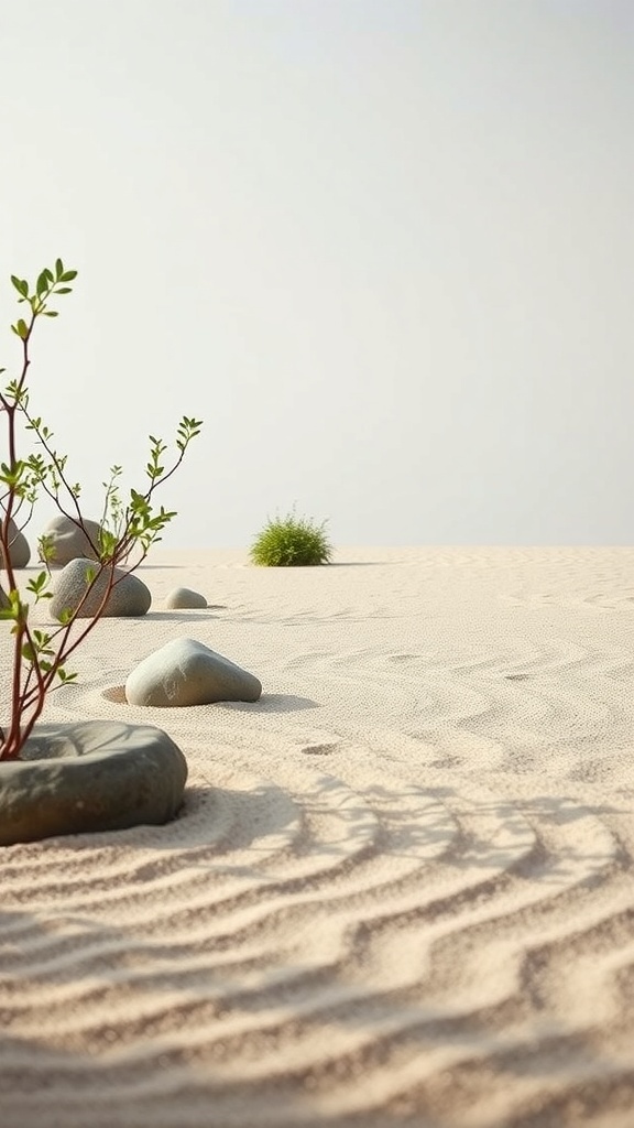 A serene Zen garden with sand patterns, smooth stones, and small plants.
