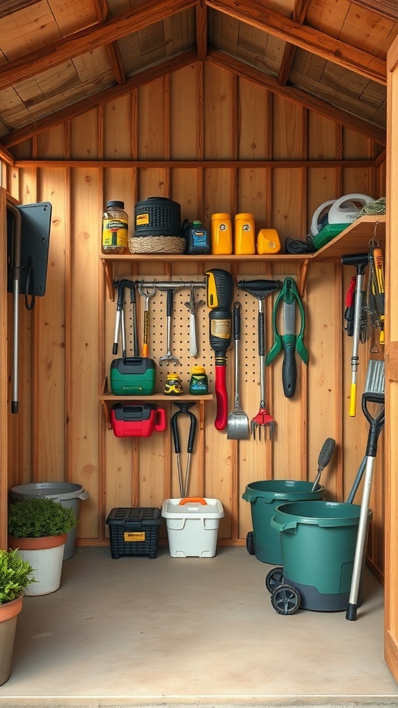 Interior of a garden shed with organized tools and storage solutions