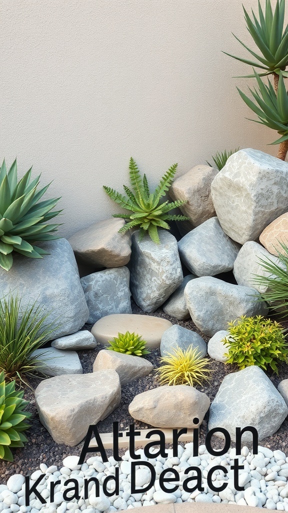A corner garden featuring rock and stone arrangements with various plants.