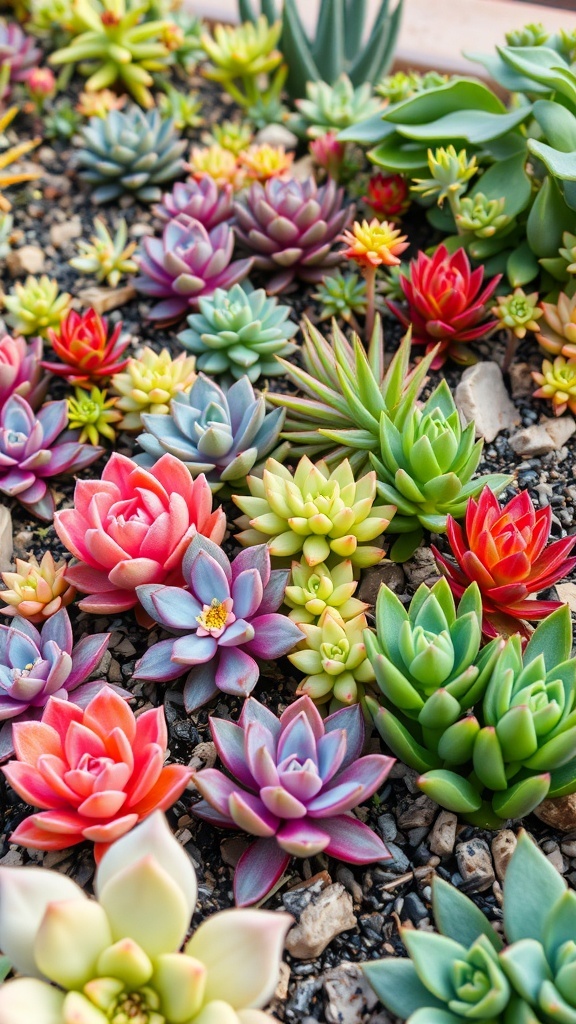 A colorful assortment of succulents in a garden setting.