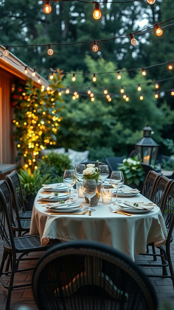 A beautifully set outdoor dining table with string lights and greenery.