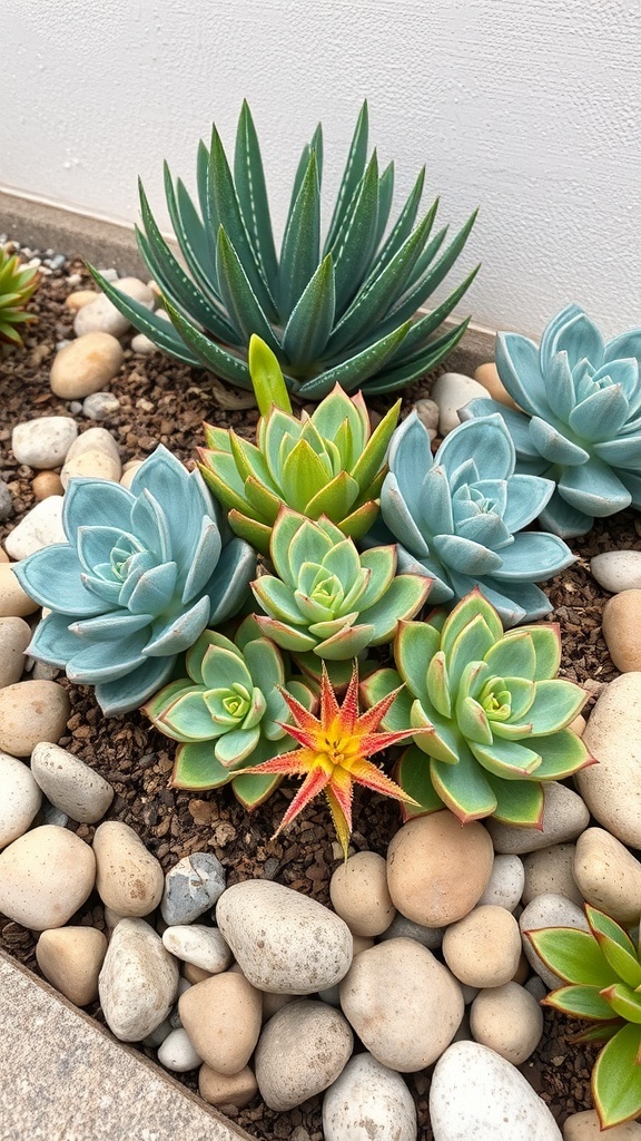 An arrangement of various succulents surrounded by pebbles in a small garden.