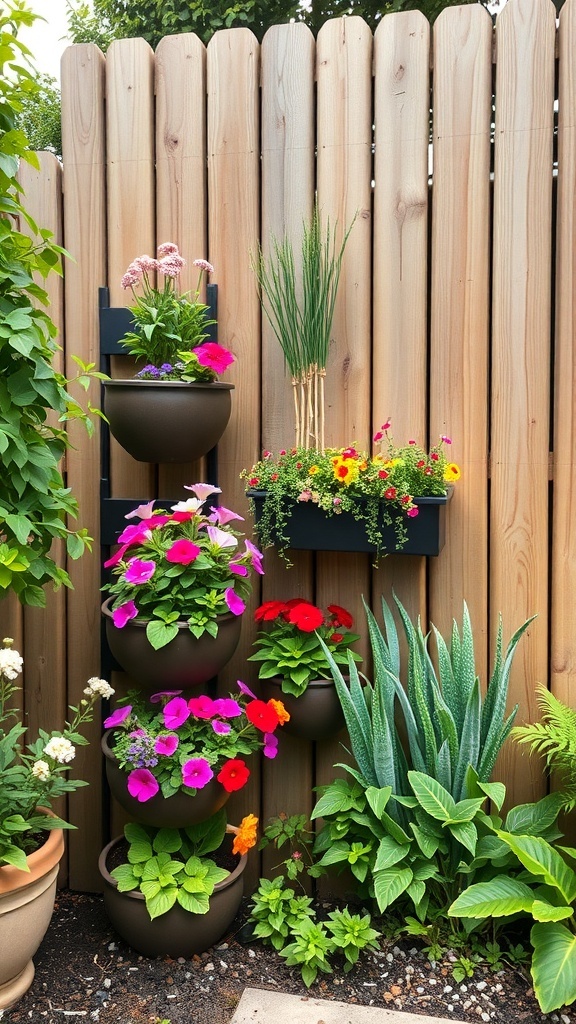 Vertical planting solution with colorful flowers in stacked pots against a wooden fence.