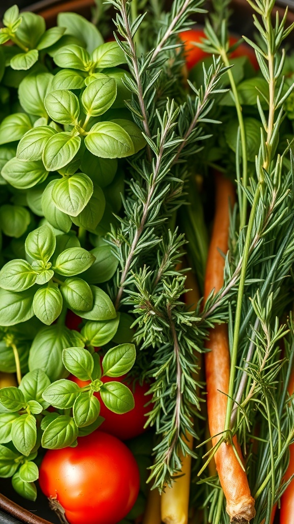 A variety of fresh herbs including basil, rosemary, and tomatoes.