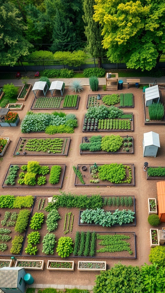 Aerial view of a community garden with organized plots of various vegetables and plants.