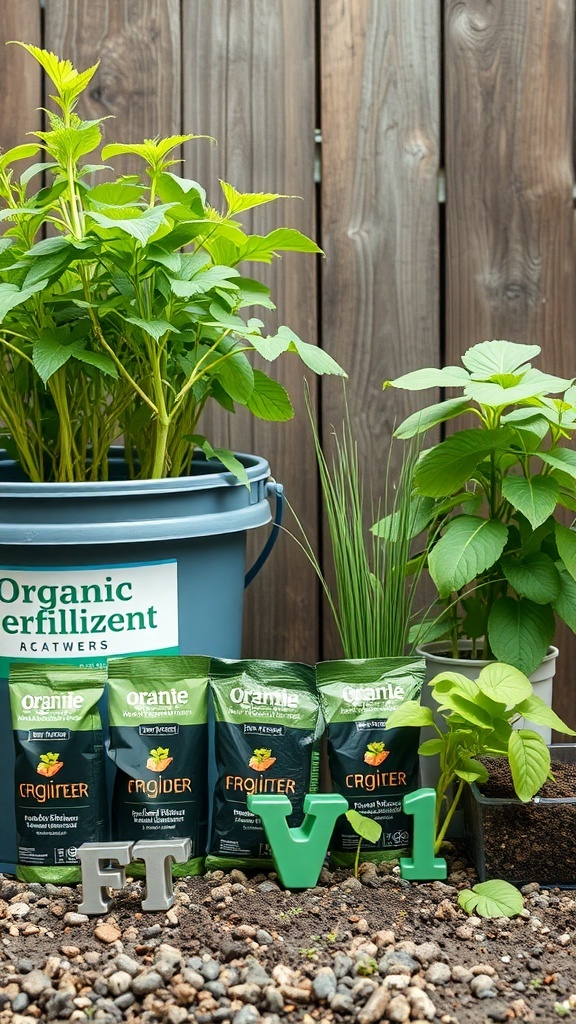 Image of bucket gardening setup with organic fertilizer and bags of different fertilizers.