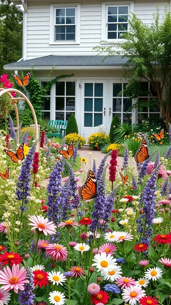 A vibrant front garden filled with wildflowers and butterflies, showcasing a wildflower meadow effect.