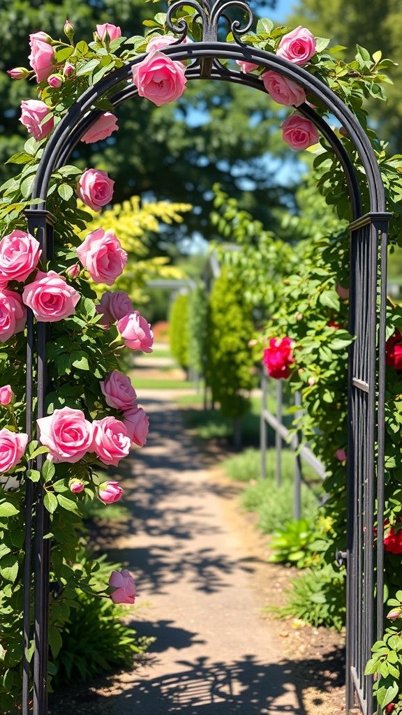 A beautiful metal arch trellis adorned with pink climbing roses, leading to a garden path.
