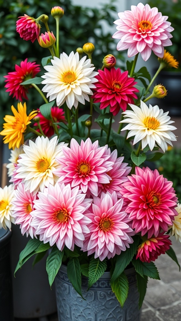 A vibrant display of various dahlia flowers in a container, showcasing a mix of colors and sizes.