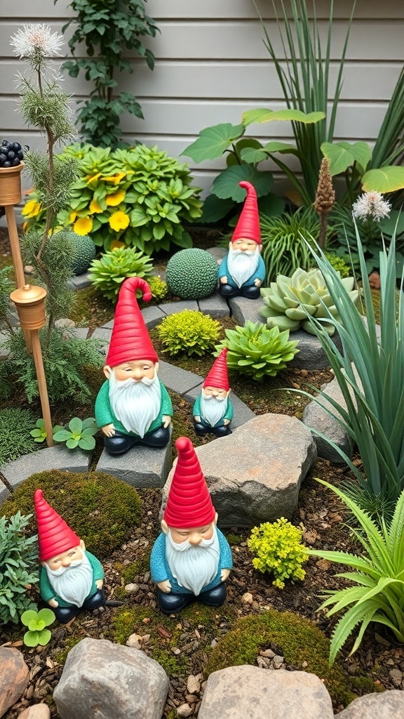 A vibrant gnome garden layout featuring colorful plants, stones, and cheerful gnomes.