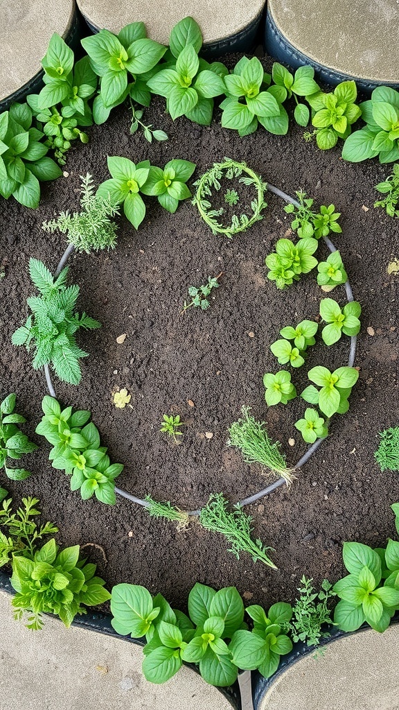 An aerial view of a herb spiral garden layout with various herbs planted in a circular design.