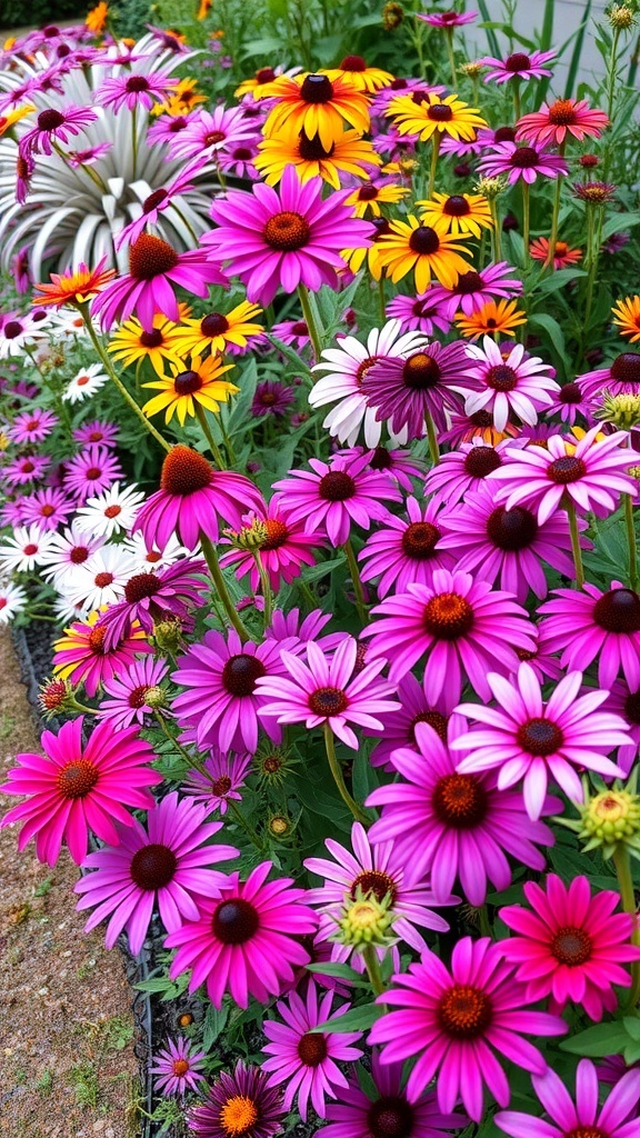 Colorful perennial flower garden with pink, purple, and yellow blooms