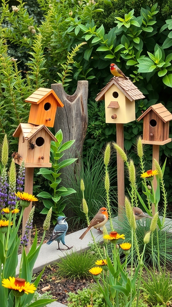 A wildlife-friendly garden featuring birdhouses and colorful flowers with birds.