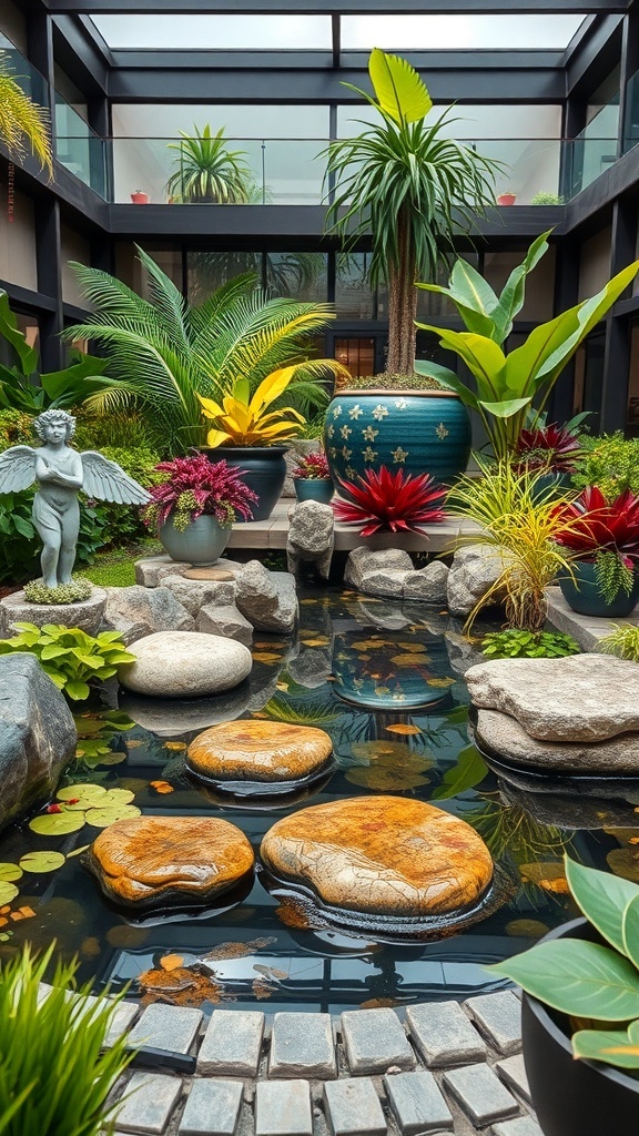 Indoor water garden with plants, decorative stones, and a statue