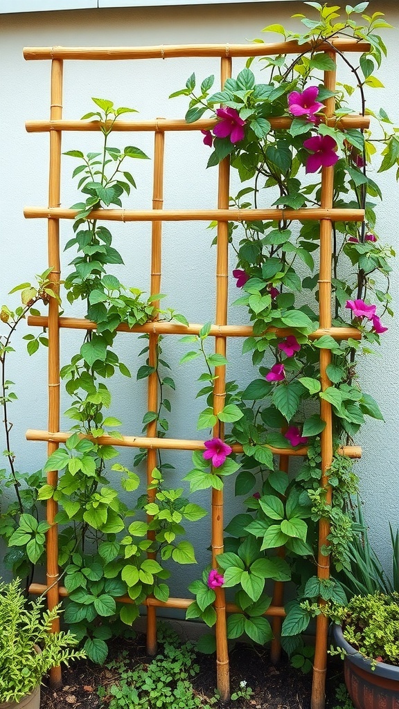 A bamboo trellis with vining plants and flowers