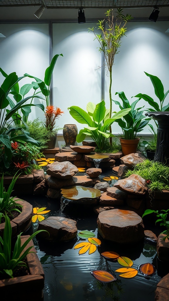 Indoor water garden with plants and rocks, illuminated by soft lighting