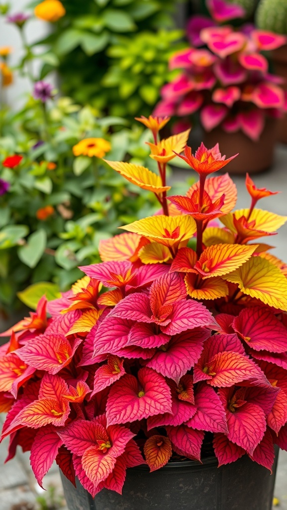A vibrant display of coleus plants with red and yellow leaves in a container.
