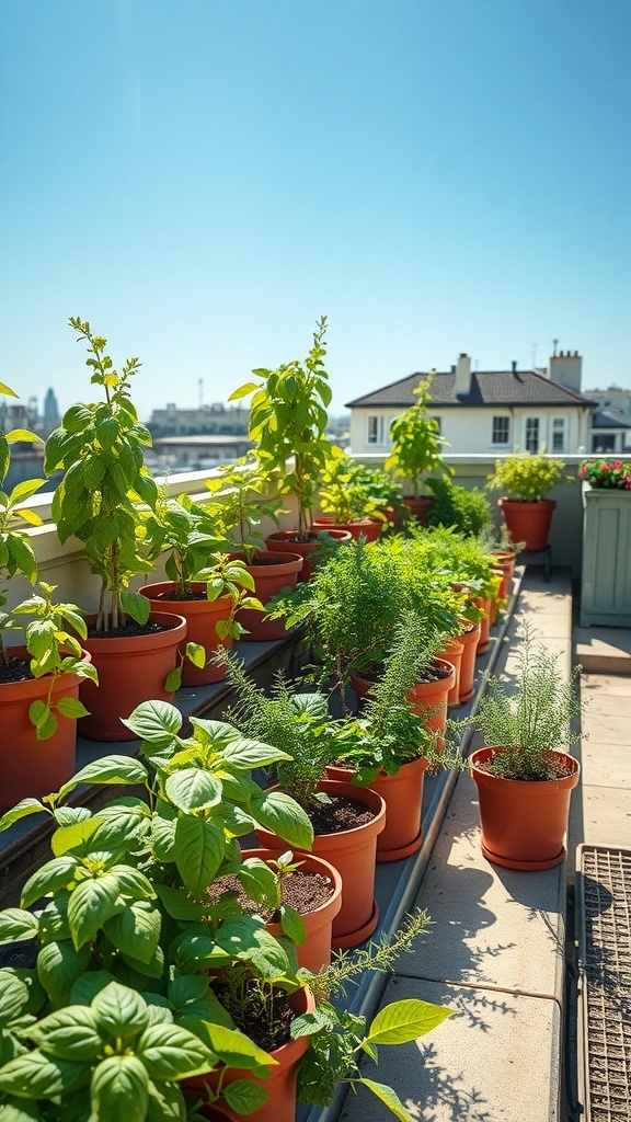 Rooftop garden with various herbs in pots under a clear blue sky.