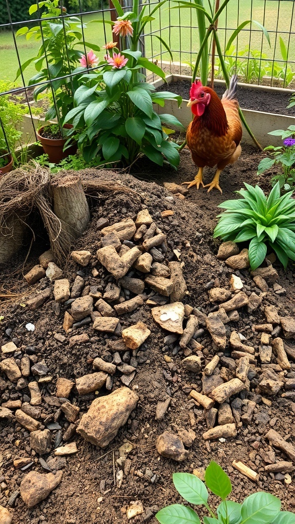 A chicken in a garden with vibrant plants and soil.