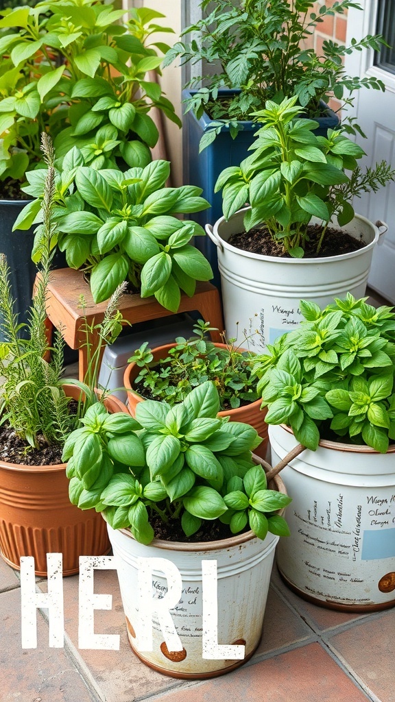 A collection of herbs growing in various buckets, including basil and rosemary.