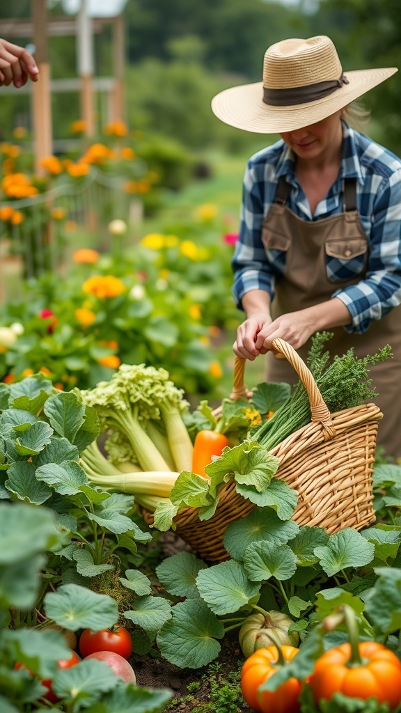 A gardener harvesting vegetables from a potager garden, showcasing a basket filled with fresh produce.