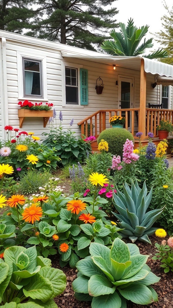 A colorful garden with flowers and plants in front of a mobile home.