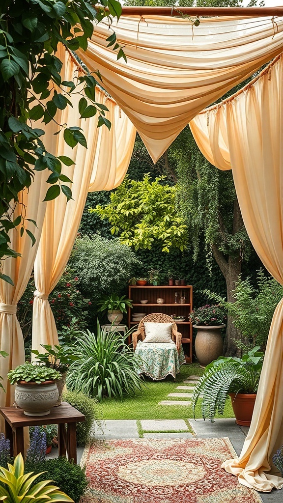 A cozy garden nook with draped fabric canopies, a vintage chair, and lush greenery.