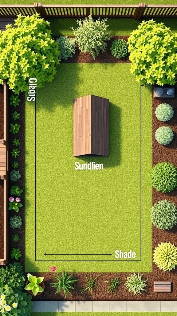 A wooden chicken coop in a garden with a grassy path and surrounding greenery.