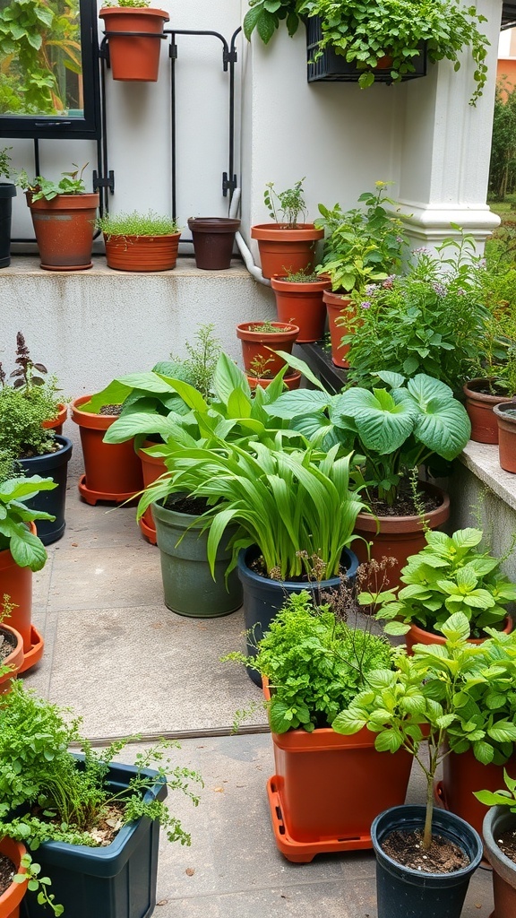 A small terrace garden filled with various potted plants, including herbs and leafy greens.