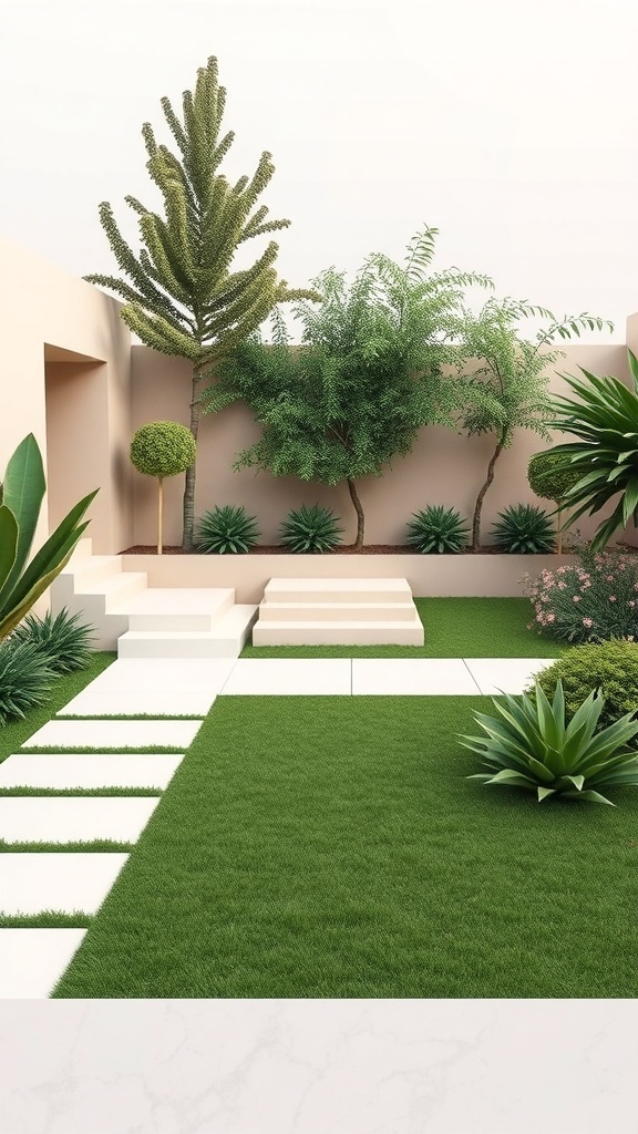 A sleek minimalist garden featuring green grass, geometric stepping stones, and strategically placed plants.