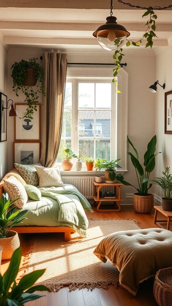A cozy indoor space with plants, soft furniture, and natural light.