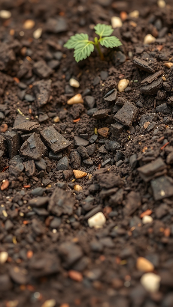 Close-up of dark soil with a small green plant sprouting