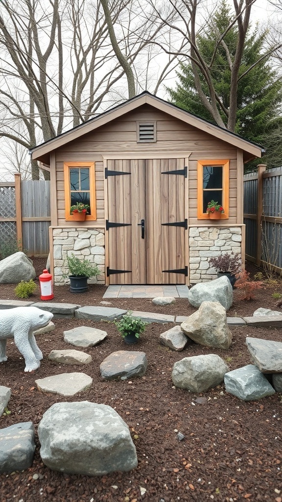 A garden shed with natural stone accents, featuring a wooden structure and stone base, surrounded by rocks and plants.