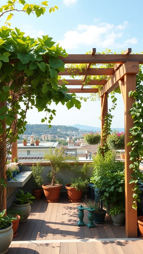 A rooftop garden featuring a wooden pergola with climbing plants and various potted plants.