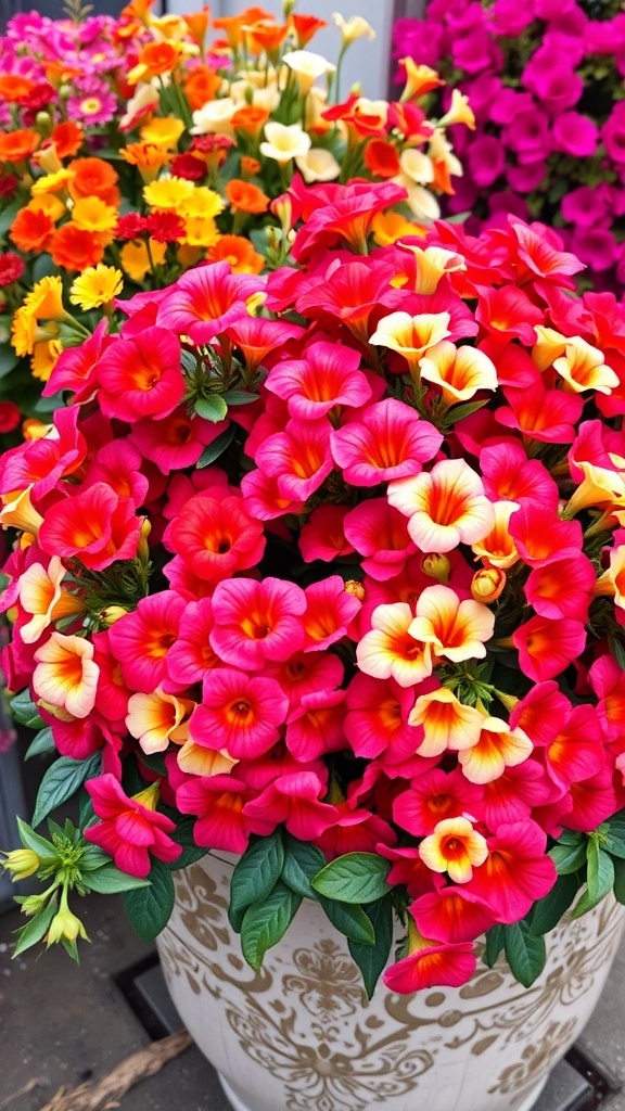 A vibrant arrangement of Calibrachoa flowers in shades of pink, yellow, and orange in a decorative pot.