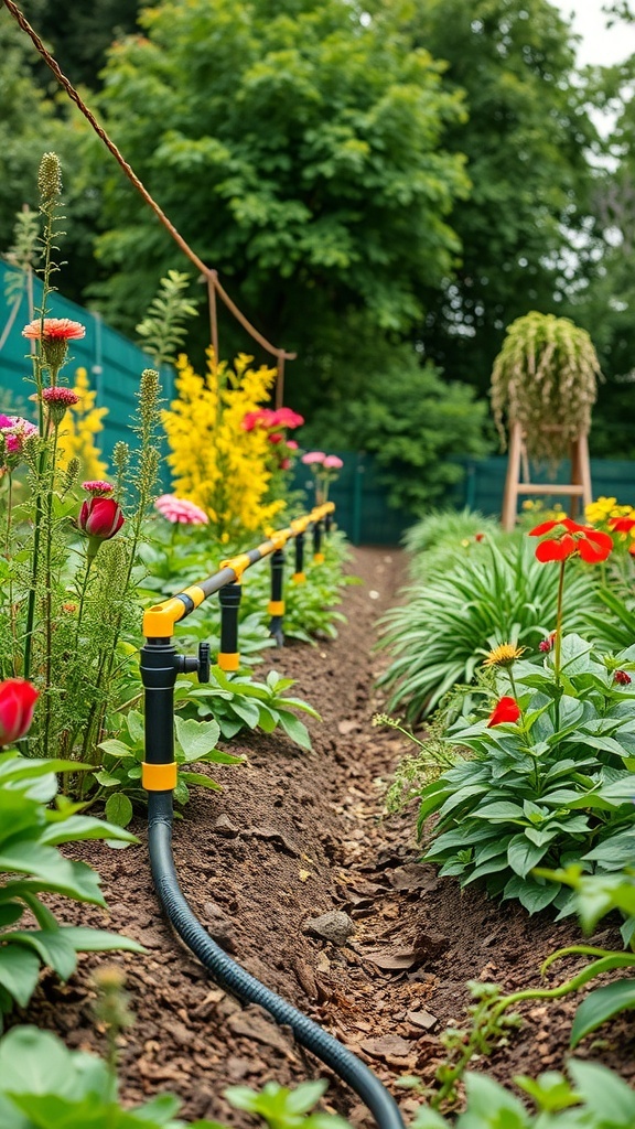 Irrigation system in a colorful potager garden with flowers and plants.