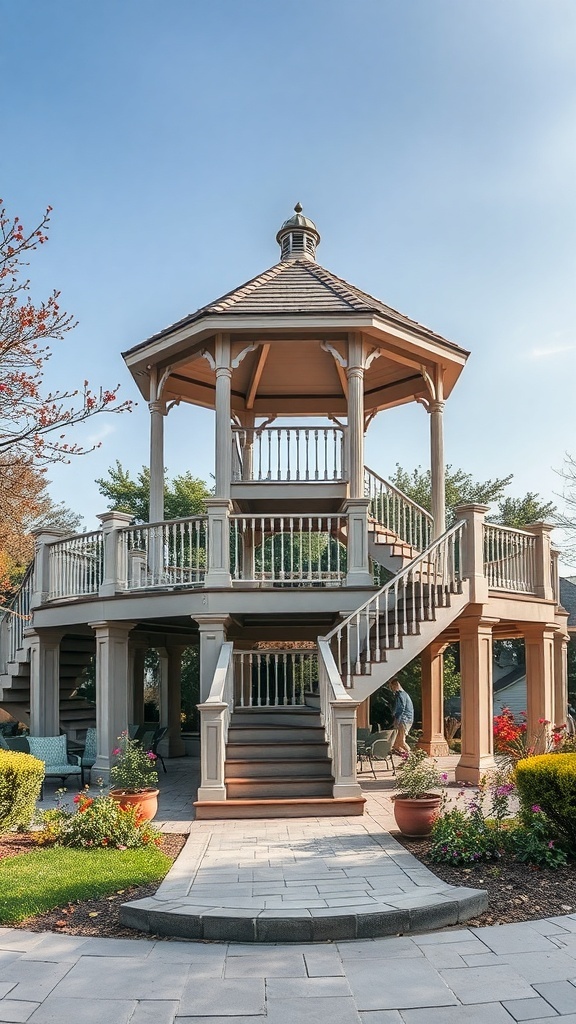 A multi-level gazebo with elegant railings and stairs, surrounded by a garden.