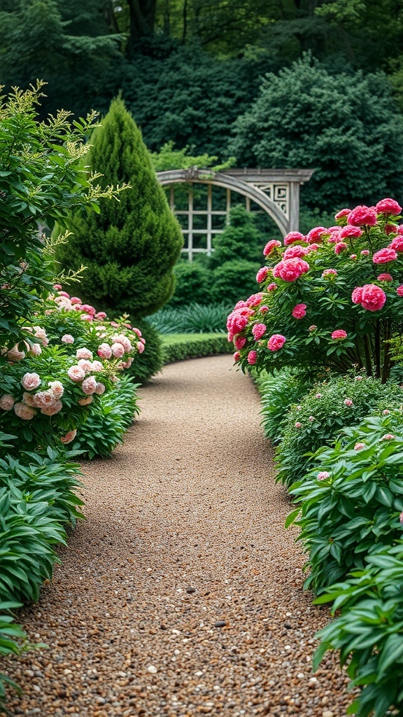 A garden walkway made of mulch, surrounded by blooming flowers and greenery.