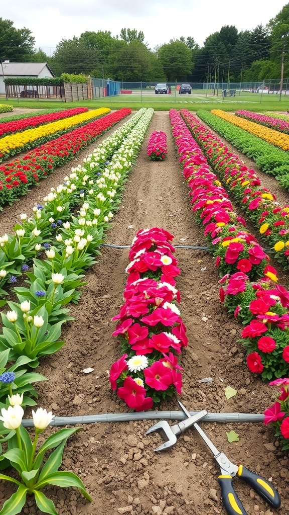 A colorful flower garden with rows of blooming flowers, showcasing a variety of colors and types.