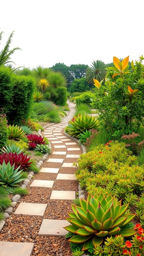A winding pathway lined with various succulent plants, showcasing a vibrant garden design.