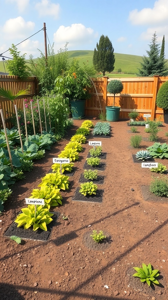 A backyard garden layout with various plants labeled for companion planting strategies.
