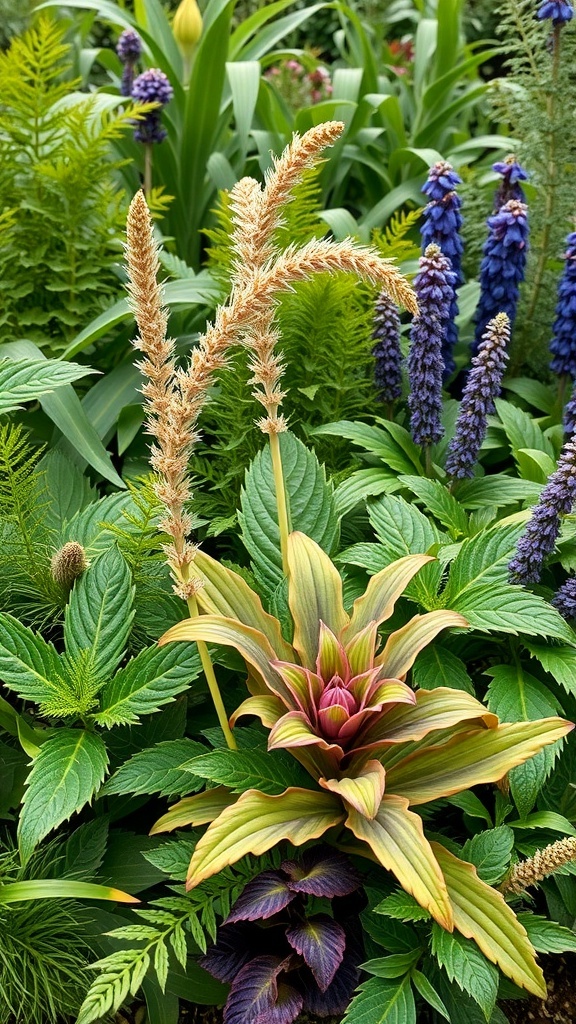 A vibrant garden featuring various unique foliage plants with colorful leaves and flowers.